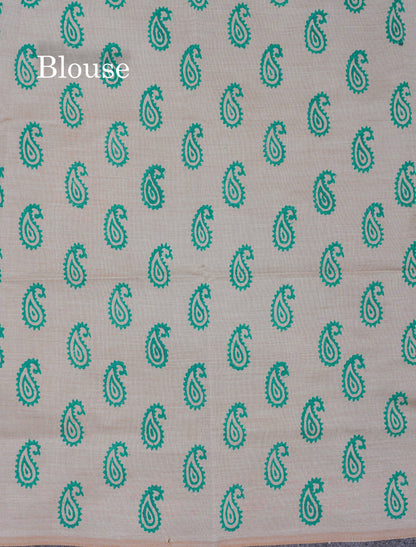 Saffire Green South Cotton Printed Saree With Contrast Cream Sandal Blouse
