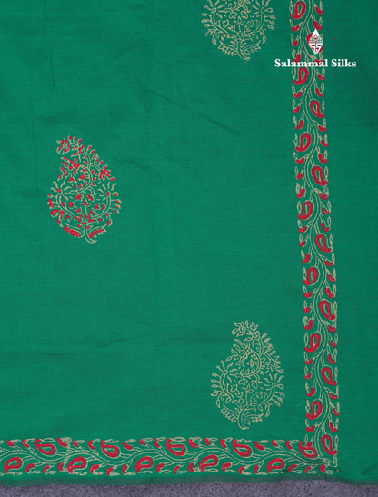 Saffire Green South Cotton Printed Saree With Contrast Cream Sandal Blouse