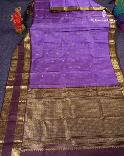 Beautiful Lavender Pure Kanjivaram Silk Saree With Contrast Dark Brown Traditional Gap & Evening Morning Border