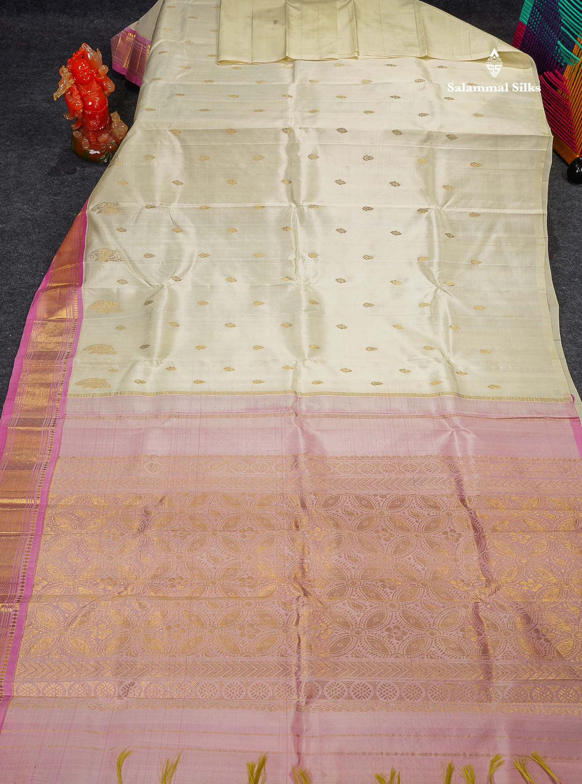 One Side Border Pure Silk Saree - Cream Zari Butta With Contrast Pink Traditional Border