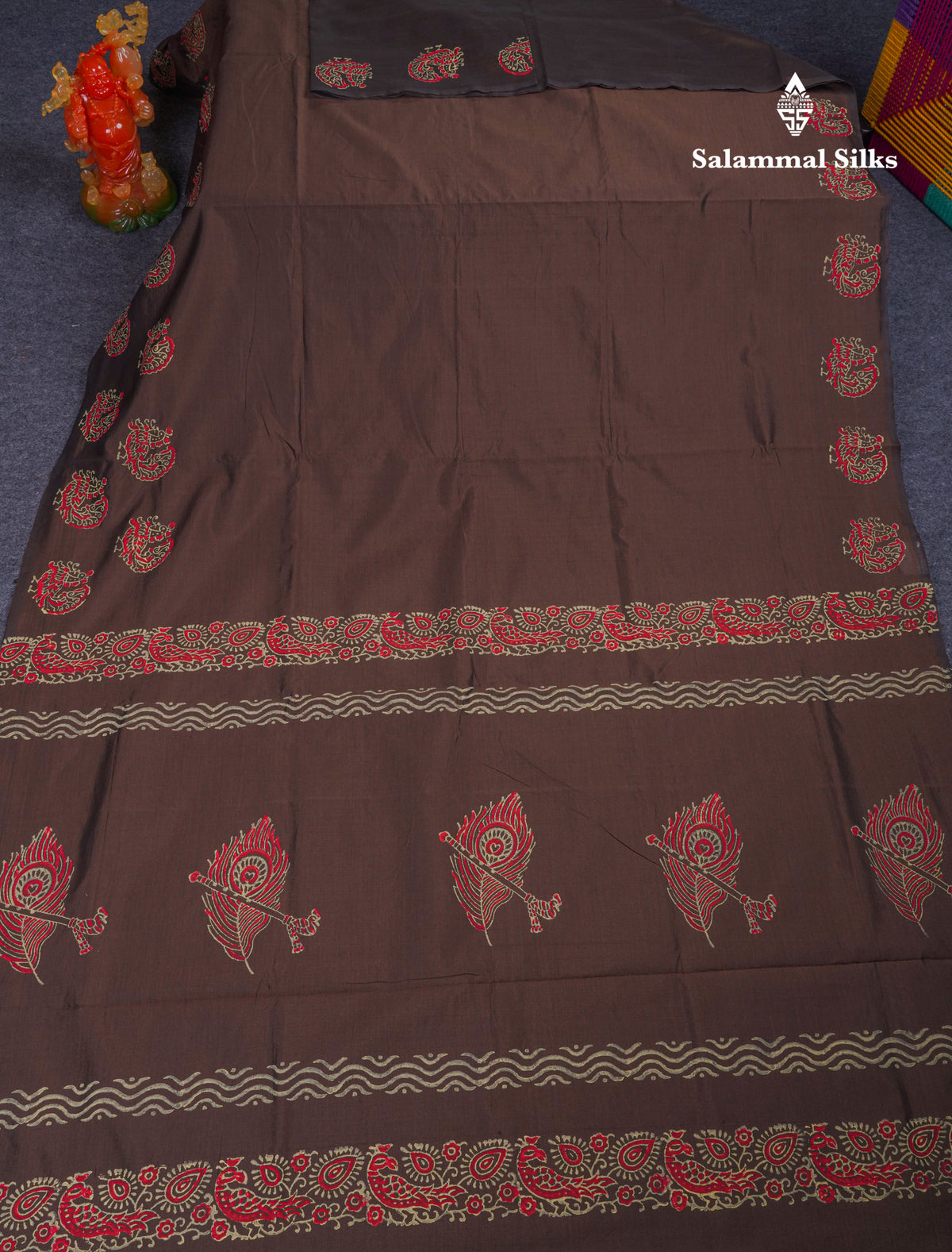 Dark Brown South Cotton Printed Saree With Contrast Cream Sandal Blouse