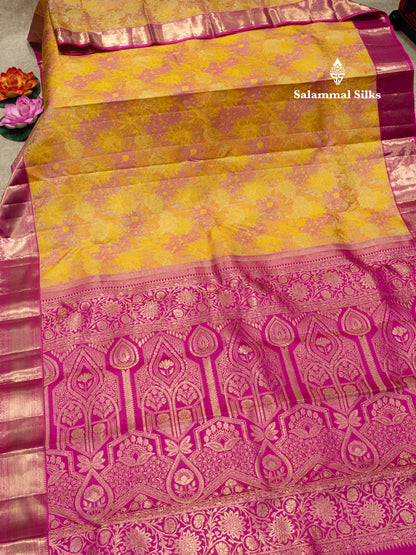 Yellow Colour Pure Kanjivaram Fancy Silk Saree with Pink Long Size Border