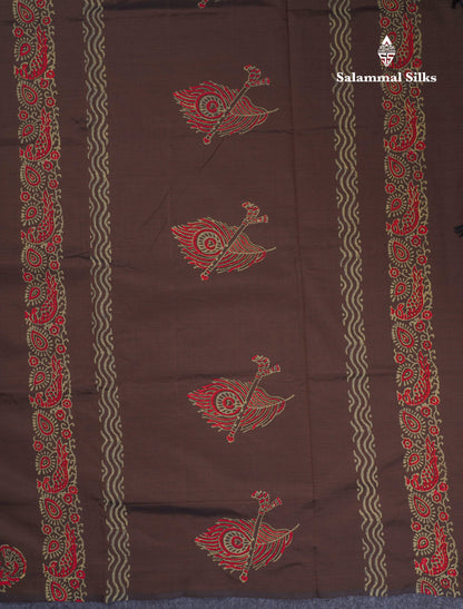 Dark Brown South Cotton Printed Saree With Contrast Cream Sandal Blouse