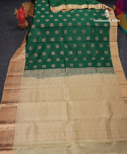 Beautiful Bottle Green Pure Kanjivaram Silk Saree With Contrast Cream Sandal Traditional Evening Morning Border