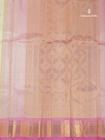 One Side Border Pure Silk Saree - Cream Colour Body Zari Butta With Contrast Pink Traditional Border