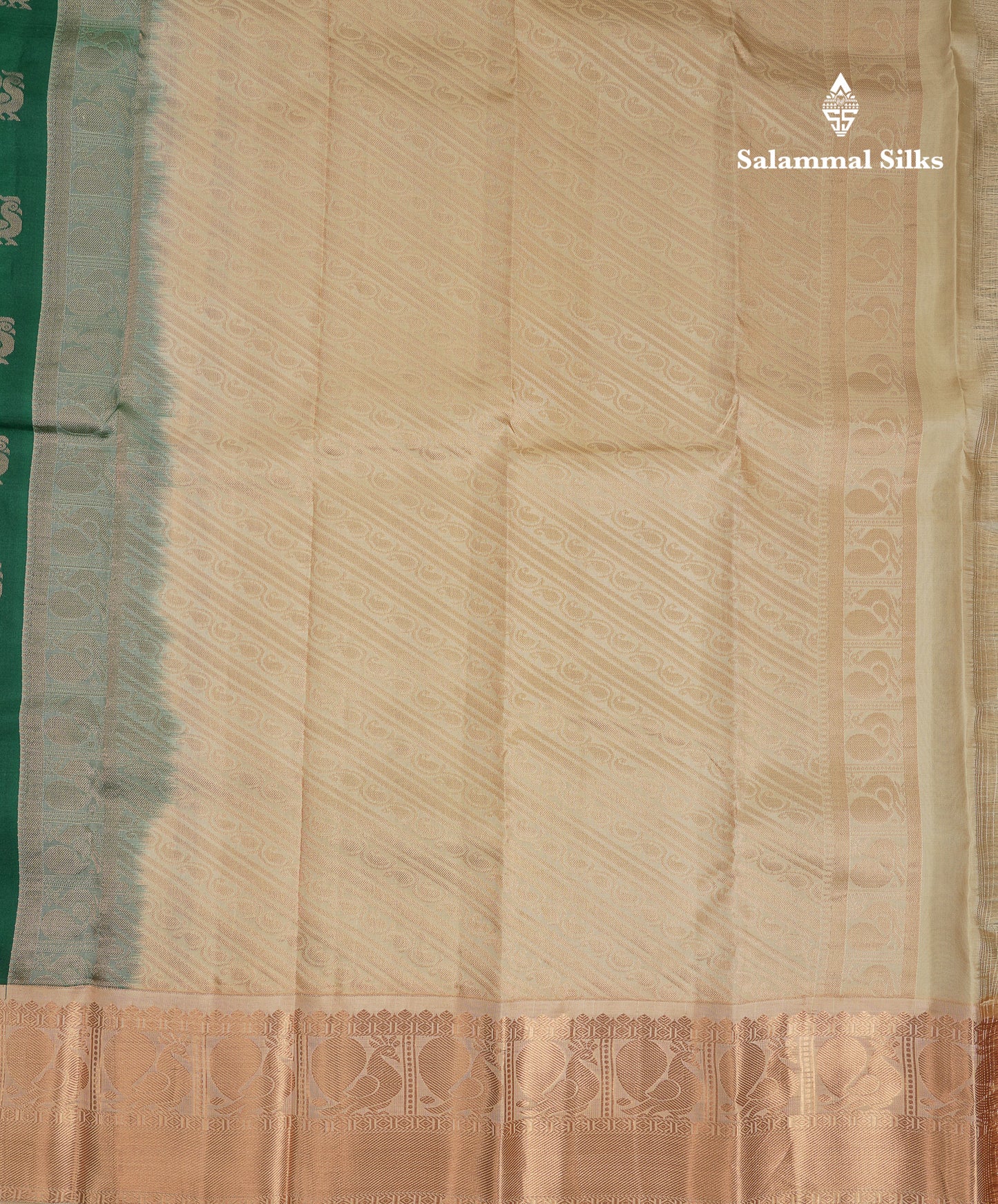 Beautiful Bottle Green Pure Kanjivaram Silk Saree With Contrast Cream Sandal Traditional Evening Morning Border