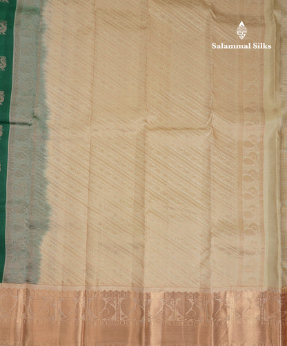 Beautiful Bottle Green Pure Kanjivaram Silk Saree With Contrast Cream Sandal Traditional Evening Morning Border