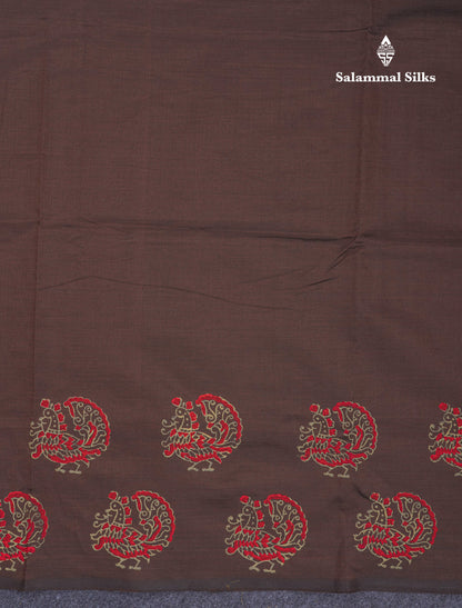 Dark Brown South Cotton Printed Saree With Contrast Cream Sandal Blouse