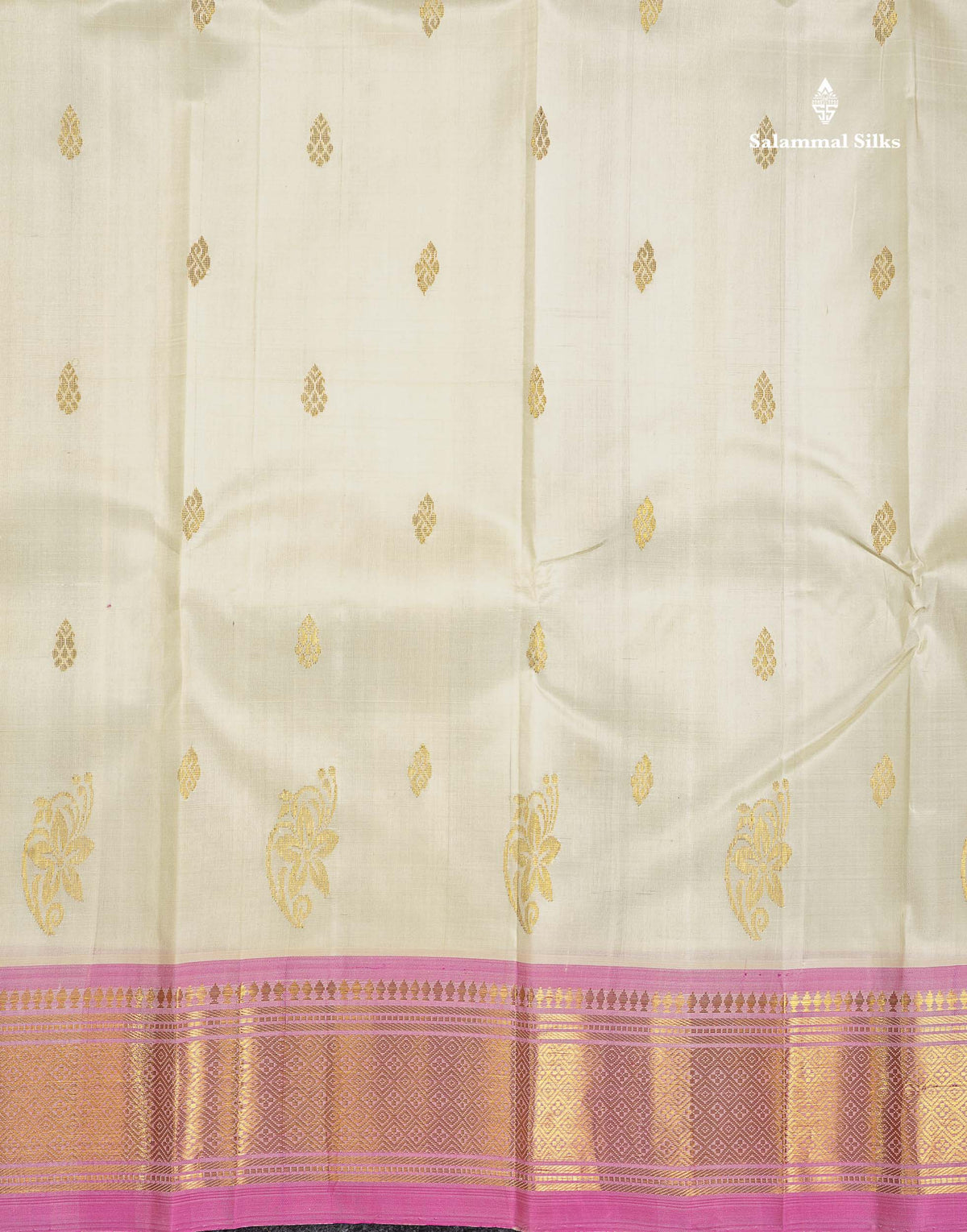 One Side Border Pure Silk Saree - Cream Colour Body Zari Butta With Contrast Pink Traditional Border