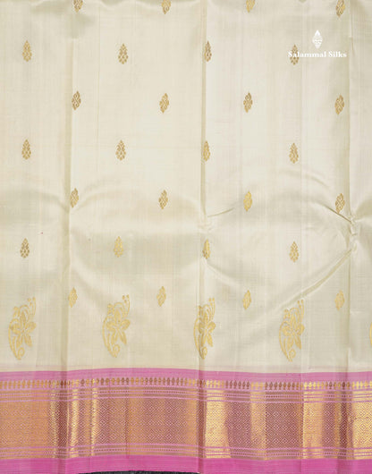 One Side Border Pure Silk Saree - Cream Colour Body Zari Butta With Contrast Pink Traditional Border