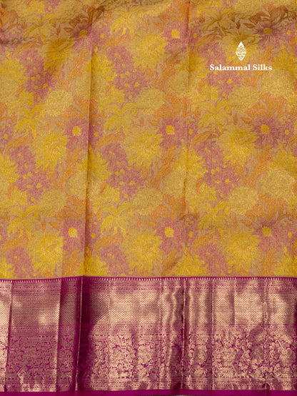 Yellow Colour Pure Kanjivaram Fancy Silk Saree with Pink Long Size Border