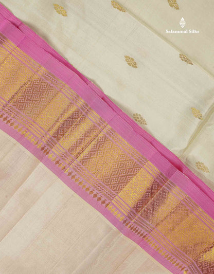 One Side Border Pure Silk Saree - Cream Colour Body Zari Butta With Contrast Pink Traditional Border