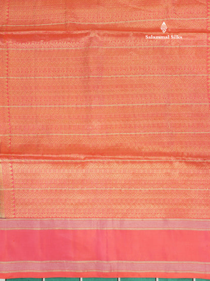 Beautiful Sea Green Pure Kanjivaram Soft Silk Saree With Contrast Pinkish Orange Border