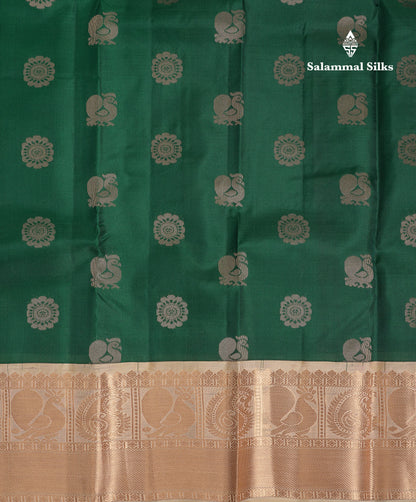 Beautiful Bottle Green Pure Kanjivaram Silk Saree With Contrast Cream Sandal Traditional Evening Morning Border