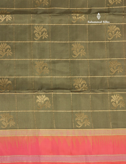 Beautiful Sea Green Pure Kanjivaram Soft Silk Saree With Contrast Pinkish Orange Border