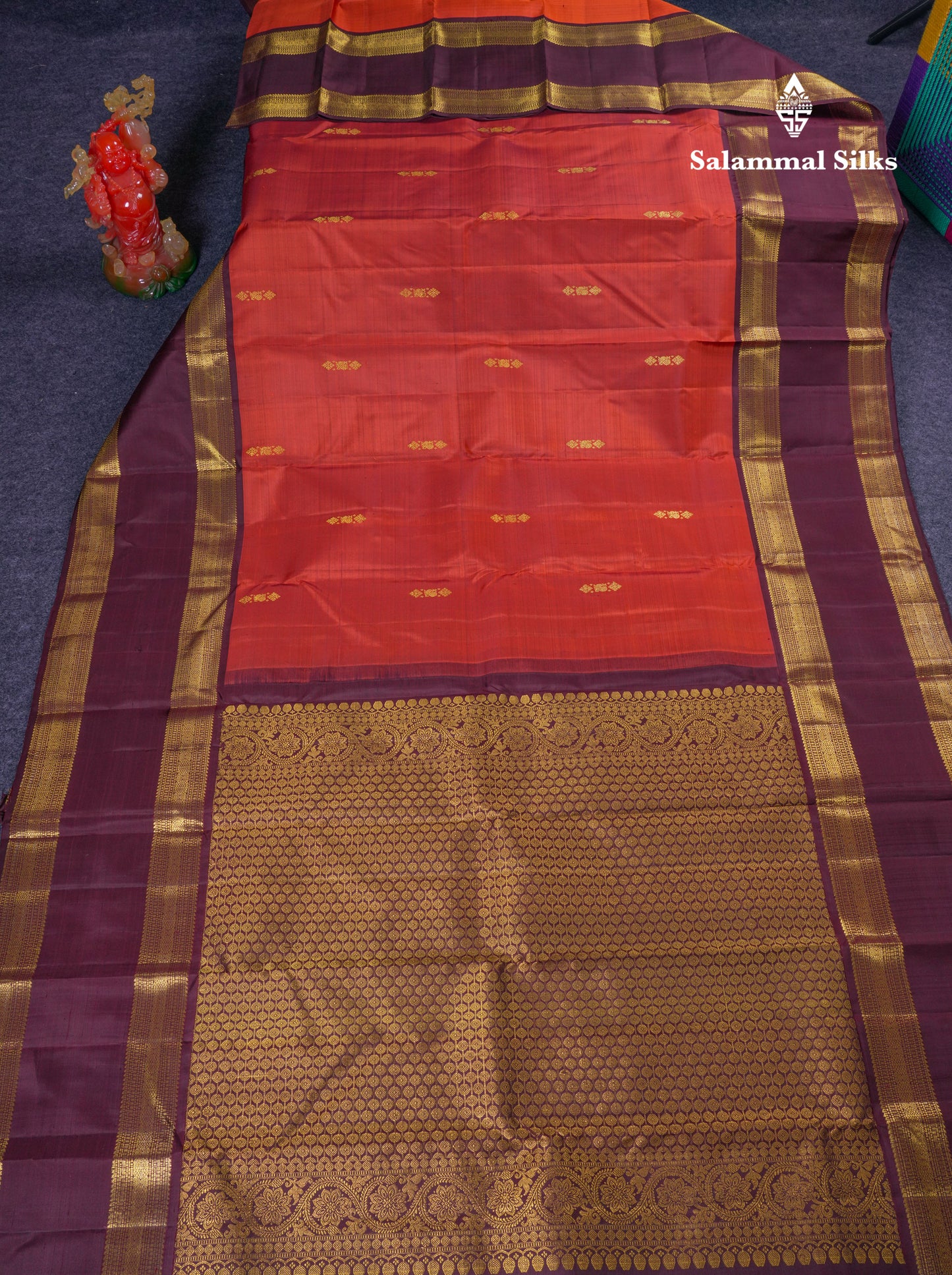 Beautiful Rust Orange Pure Kanjivaram Silk Saree With Contrast Dark Brown Traditional Gap Border