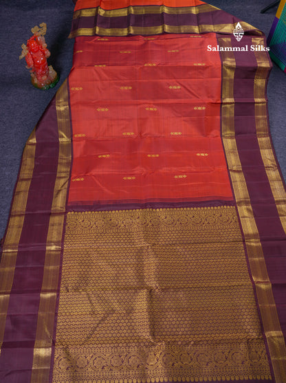 Beautiful Rust Orange Pure Kanjivaram Silk Saree With Contrast Dark Brown Traditional Gap Border