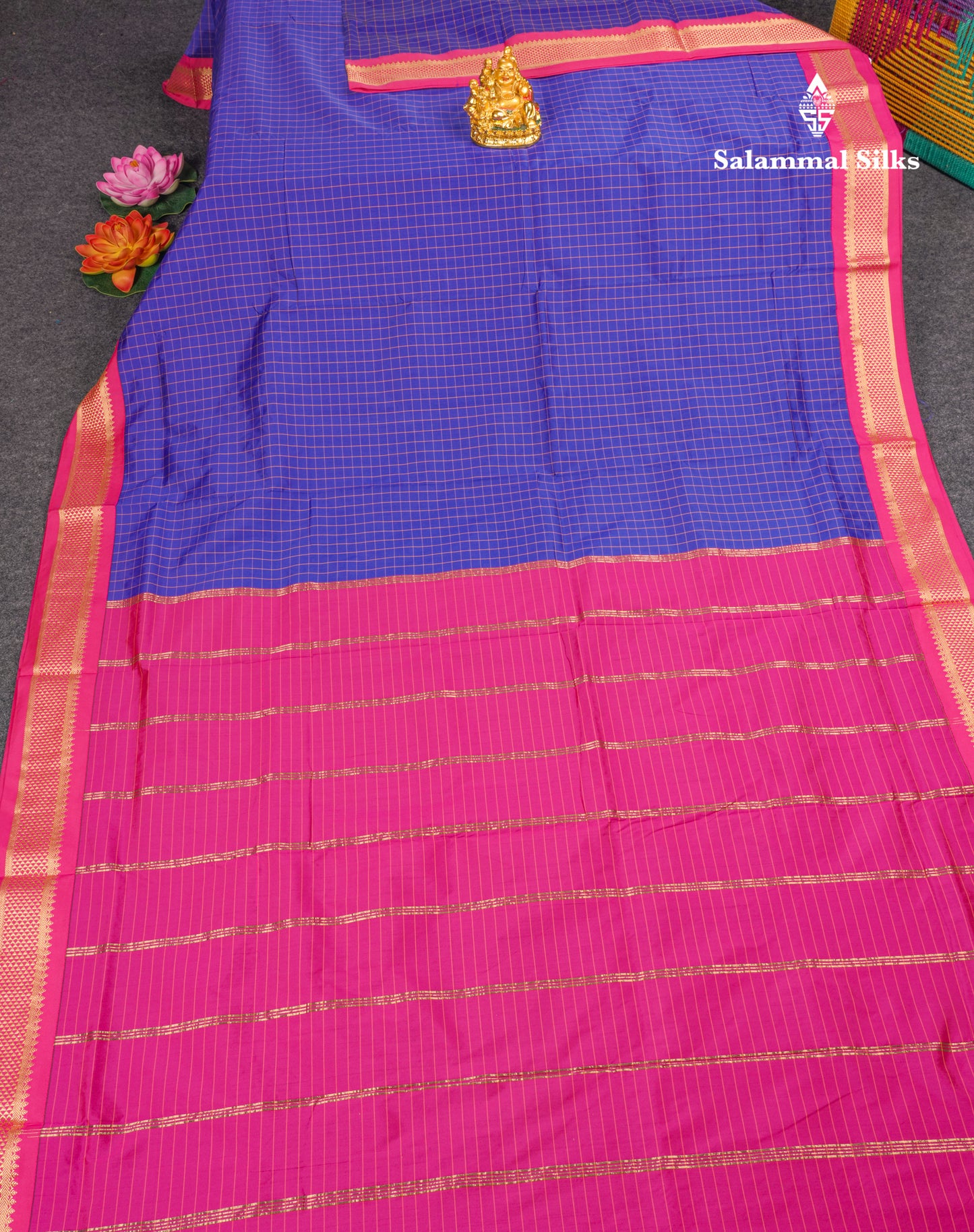 9 Yards Semi Silk Saree Small Checks Violet with Contrast Pink Border