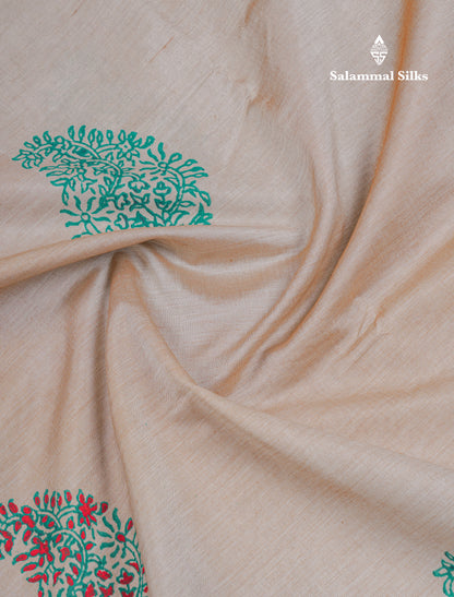 Cream Sandal South Cotton Printed Saree With Contrast Saffire Green Blouse