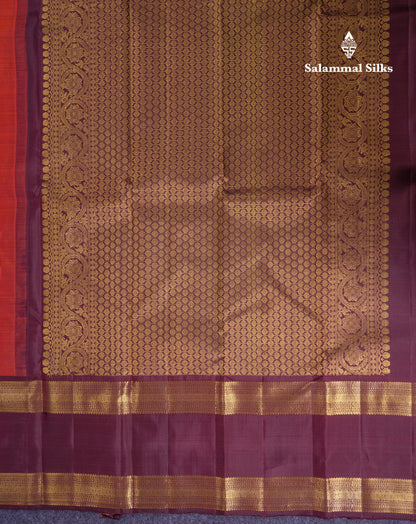 Beautiful Rust Orange Pure Kanjivaram Silk Saree With Contrast Dark Brown Traditional Gap Border