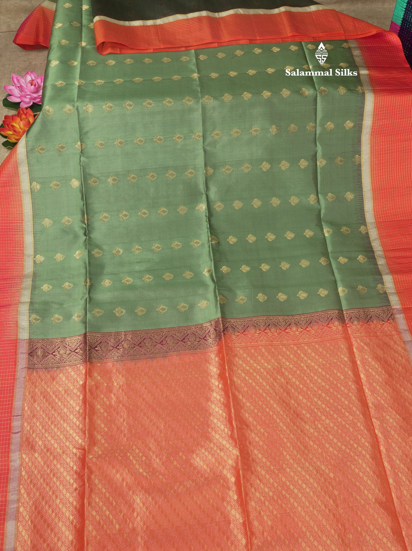 Beautiful Moss Green Pure Kanjivaram Soft Silk Saree With Contrast Pinkish Orange Zari Checks Border