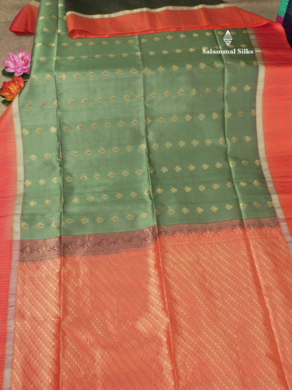 Beautiful Moss Green Pure Kanjivaram Soft Silk Saree With Contrast Pinkish Orange Zari Checks Border