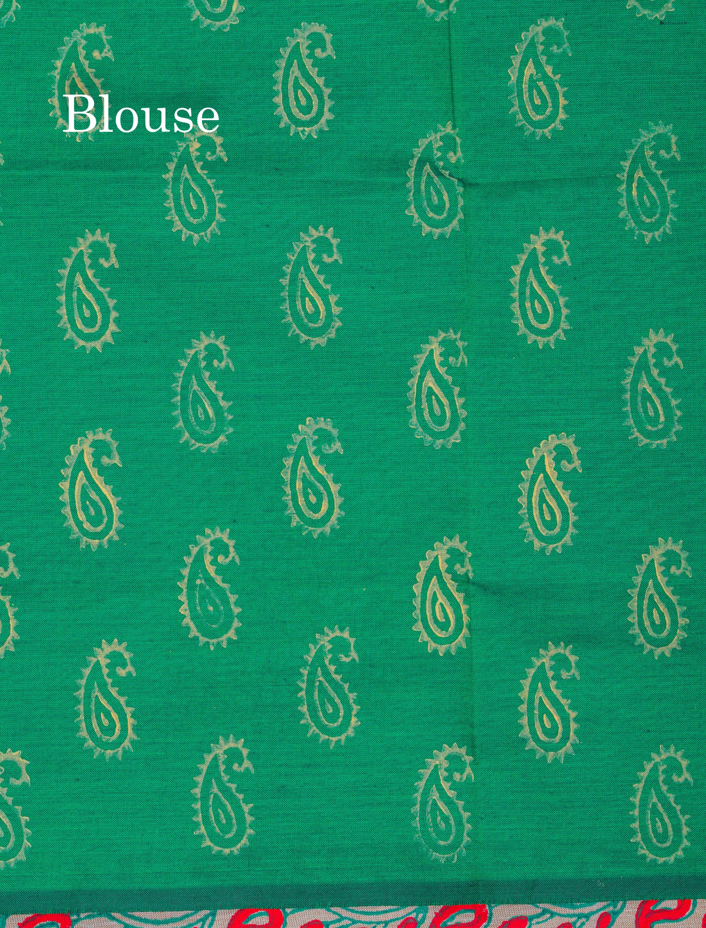 Cream Sandal South Cotton Printed Saree With Contrast Saffire Green Blouse