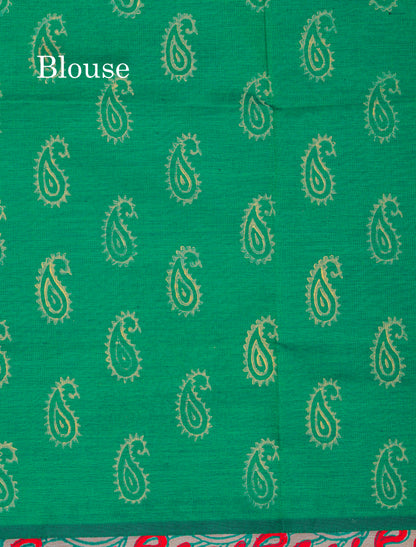 Cream Sandal South Cotton Printed Saree With Contrast Saffire Green Blouse