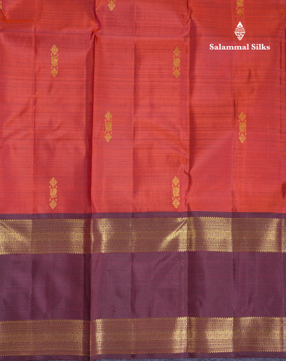 Beautiful Rust Orange Pure Kanjivaram Silk Saree With Contrast Dark Brown Traditional Gap Border