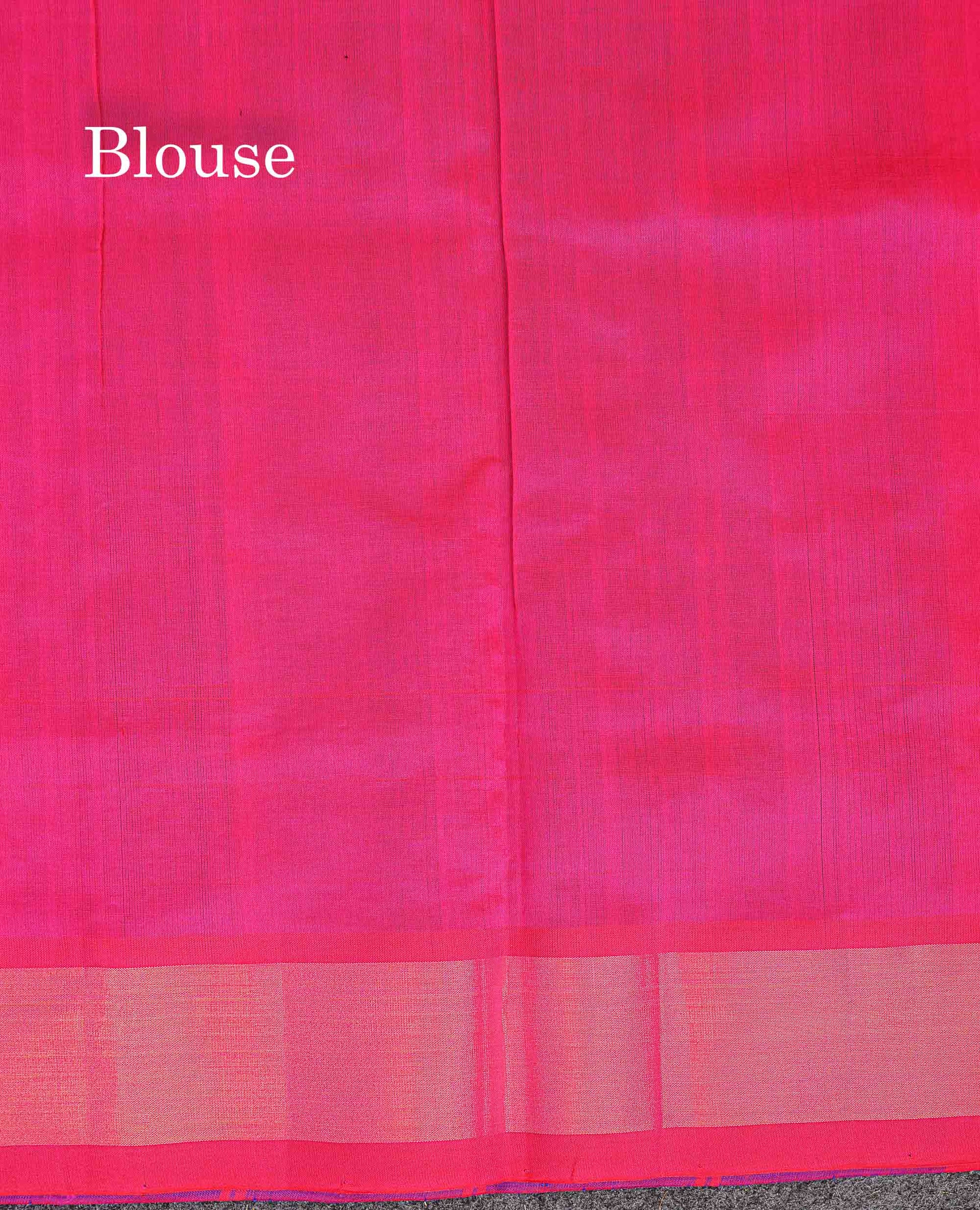 Contrasr Pink Blouse Of Dual Tone Blue Semi Silk Cotton Saree