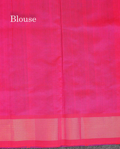 Contrasr Pink Blouse Of Dual Tone Blue Semi Silk Cotton Saree