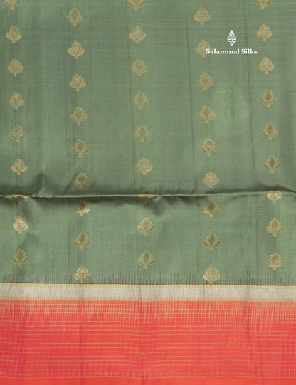 Beautiful Moss Green Pure Kanjivaram Soft Silk Saree With Contrast Pinkish Orange Zari Checks Border