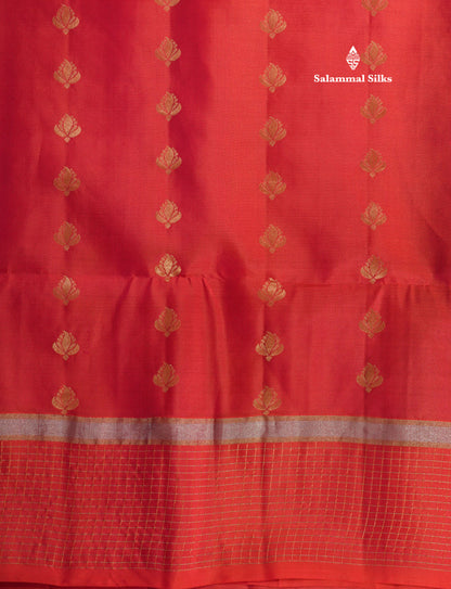 Beautiful Moss Green Pure Kanjivaram Soft Silk Saree With Contrast Pinkish Orange Zari Checks Border