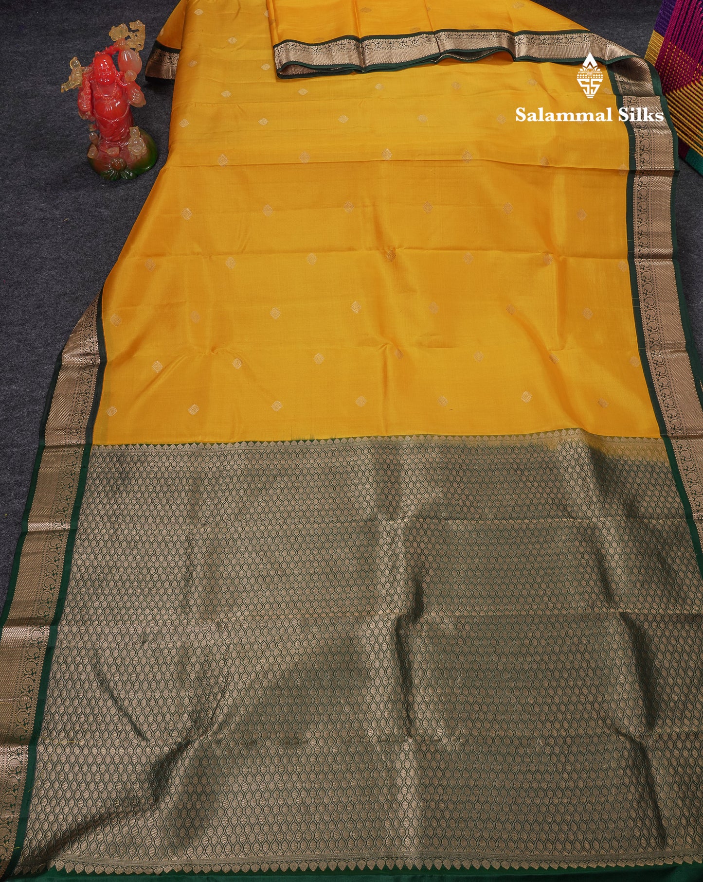 Beautiful Yellow Pure Kanjivaram Silk Saree With Contrast Bottle Green Traditional Medium Border