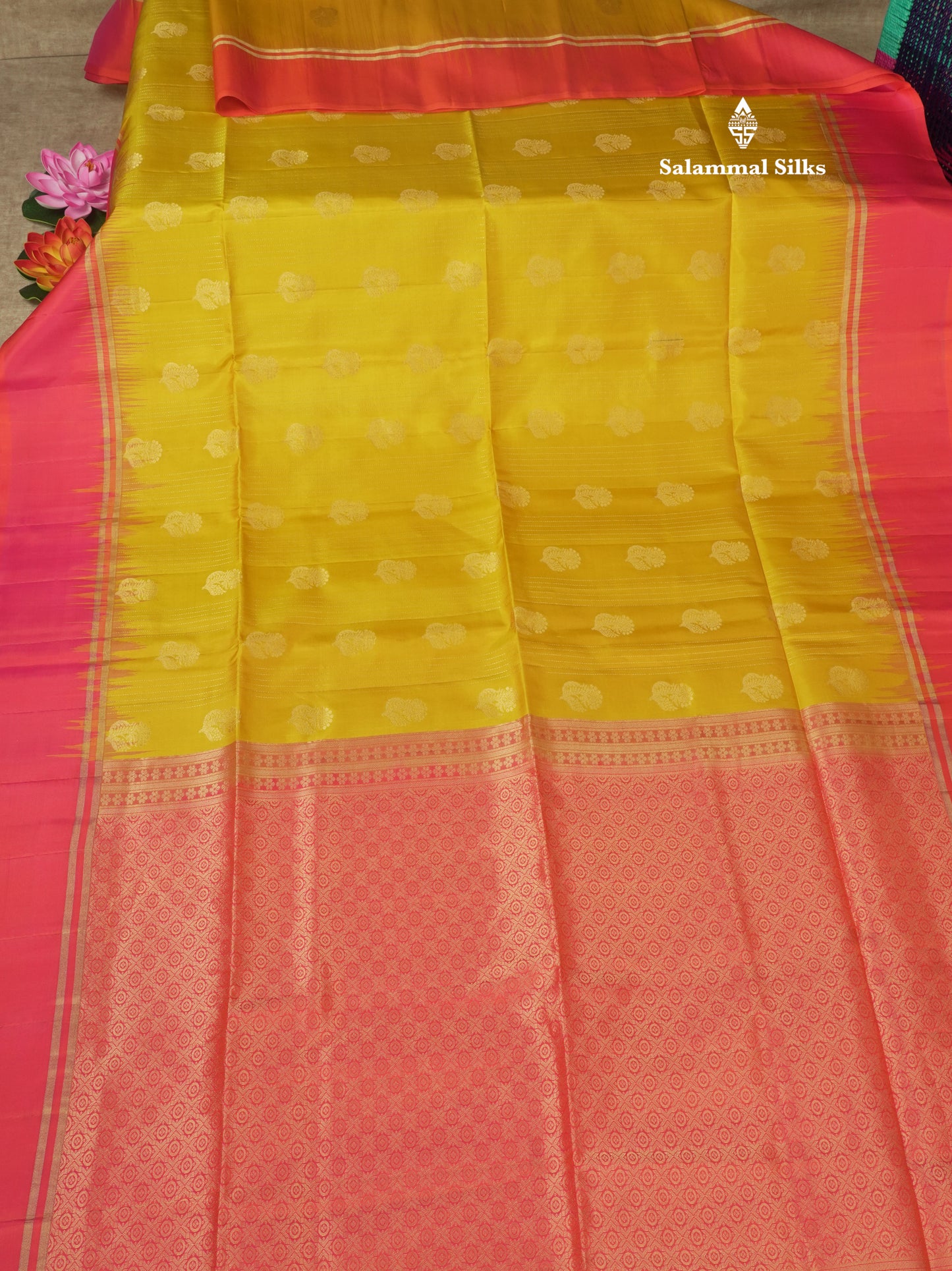 Beautiful Mustard Yellow Pure Kanjivaram Soft Silk Saree With Contrast Rexona Green Border