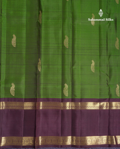 Beautiful Green Pure Kanjivaram Silk Saree With Contrast Dark Brown Traditional Gap Border