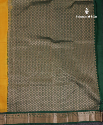 Beautiful Yellow Pure Kanjivaram Silk Saree With Contrast Bottle Green Traditional Medium Border