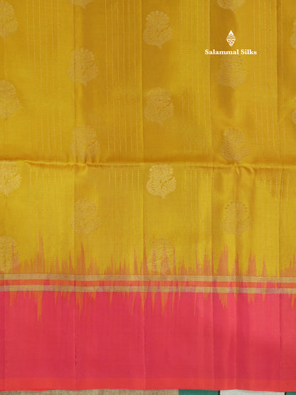Beautiful Mustard Yellow Pure Kanjivaram Soft Silk Saree With Contrast Rexona Green Border