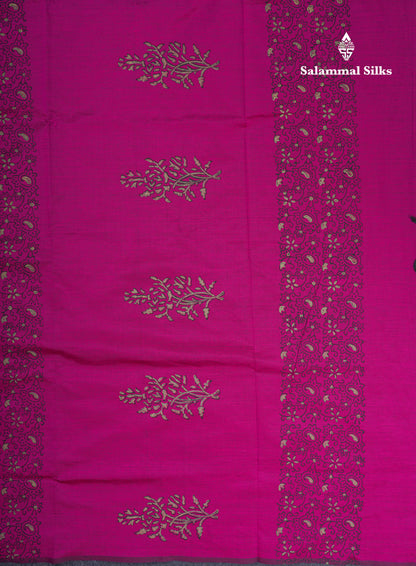 Magenta Pink South Cotton Printed Saree With Contrast Cream Sandal Blouse