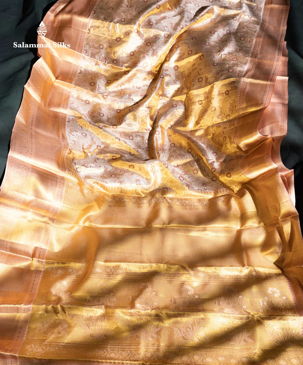 Beautiful Gold Tissue Bridal Vanasingaram Pure Kanjivaram Silk Saree With Contrast Peach Traditional Evening Morning Border