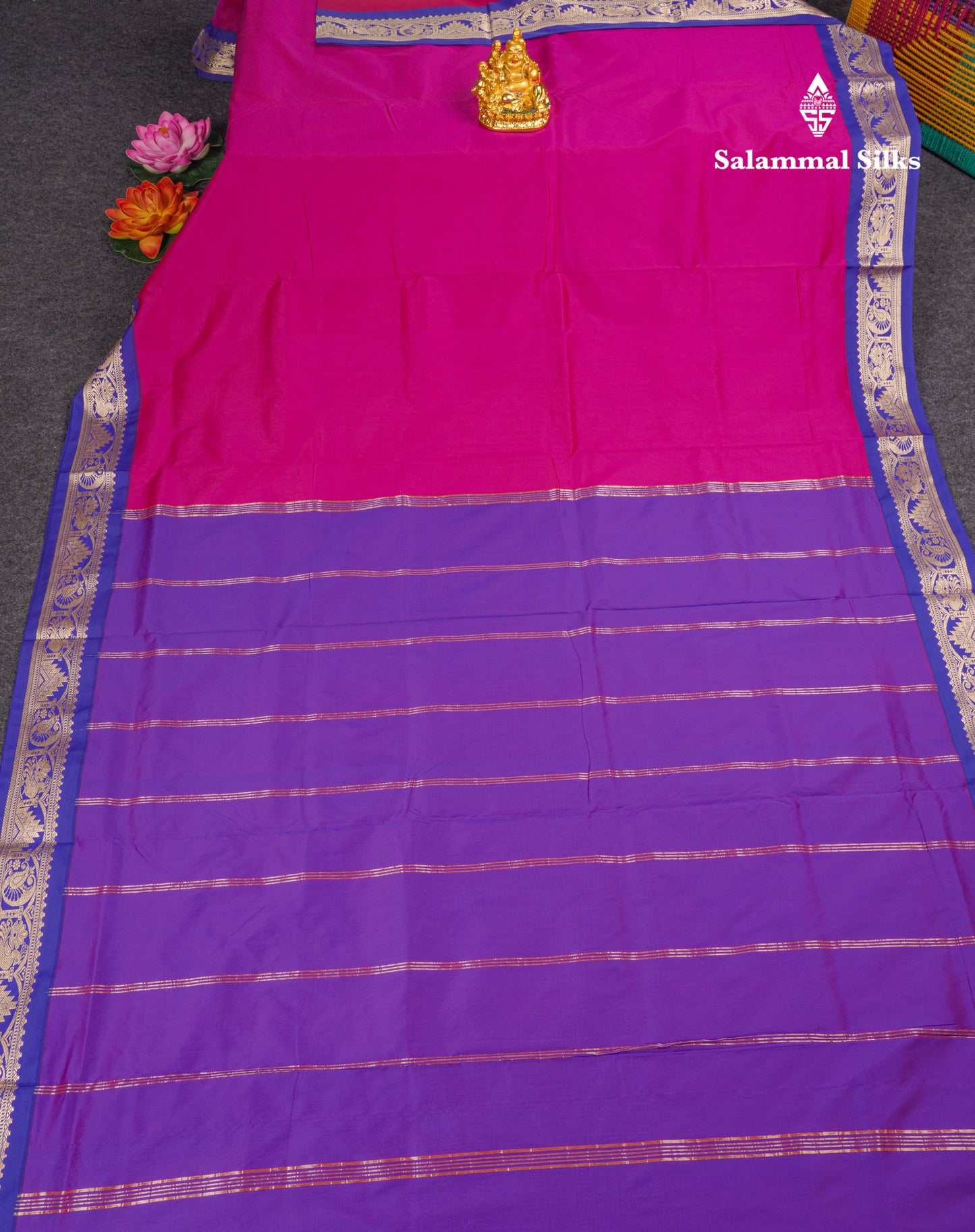 9 Yards Semi Silk Saree Magenta with Contrast Violet Border