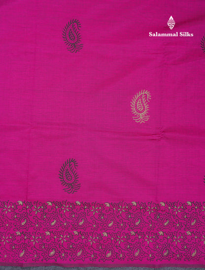 Magenta Pink South Cotton Printed Saree With Contrast Cream Sandal Blouse