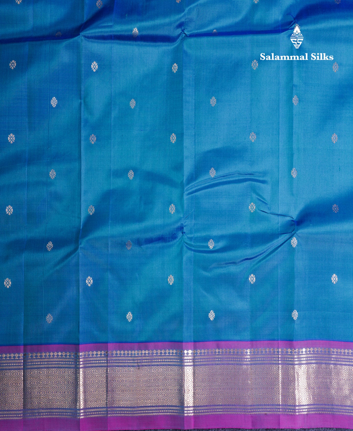 Dual Tone Peacock Blue Pure Kanjivaram Silk Saree With Contrast Purple One Side Border