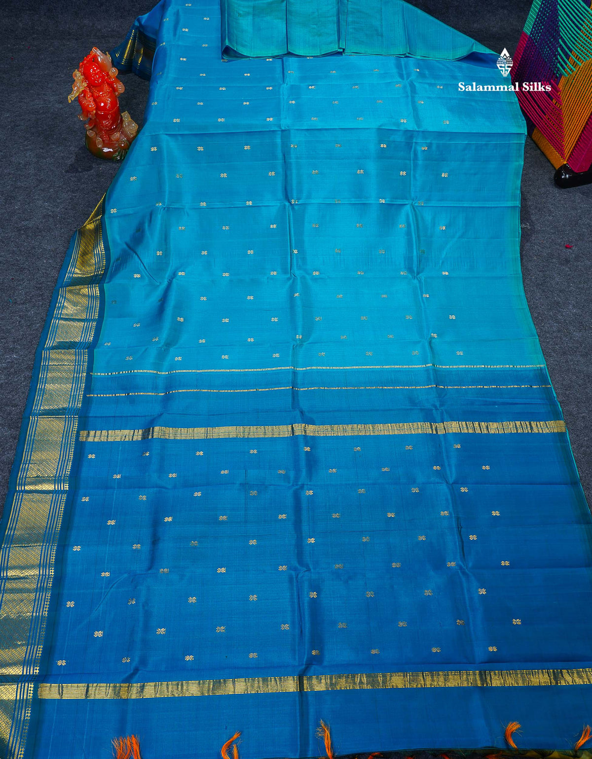 One Side Border Pure Silk Saree - Teal Blue Colour Body Zari Butta With Traditional Border 