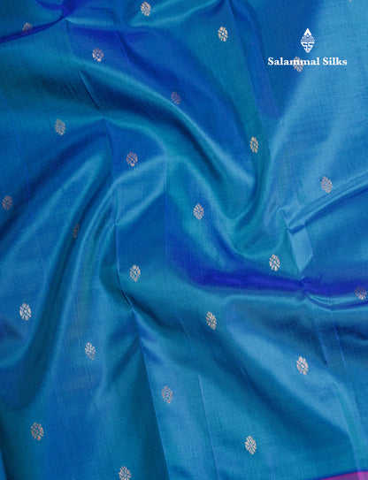 Dual Tone Peacock Blue Pure Kanjivaram Silk Saree With Contrast Purple One Side Border