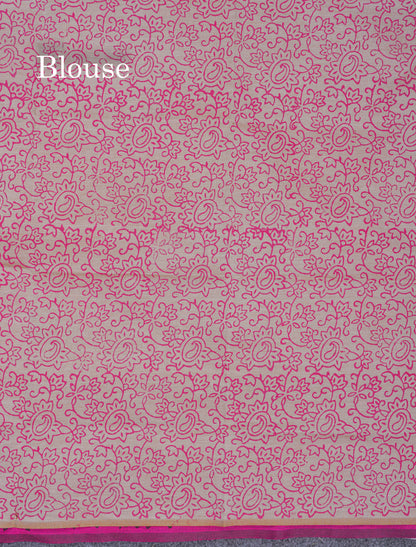 Magenta Pink South Cotton Printed Saree With Contrast Cream Sandal Blouse