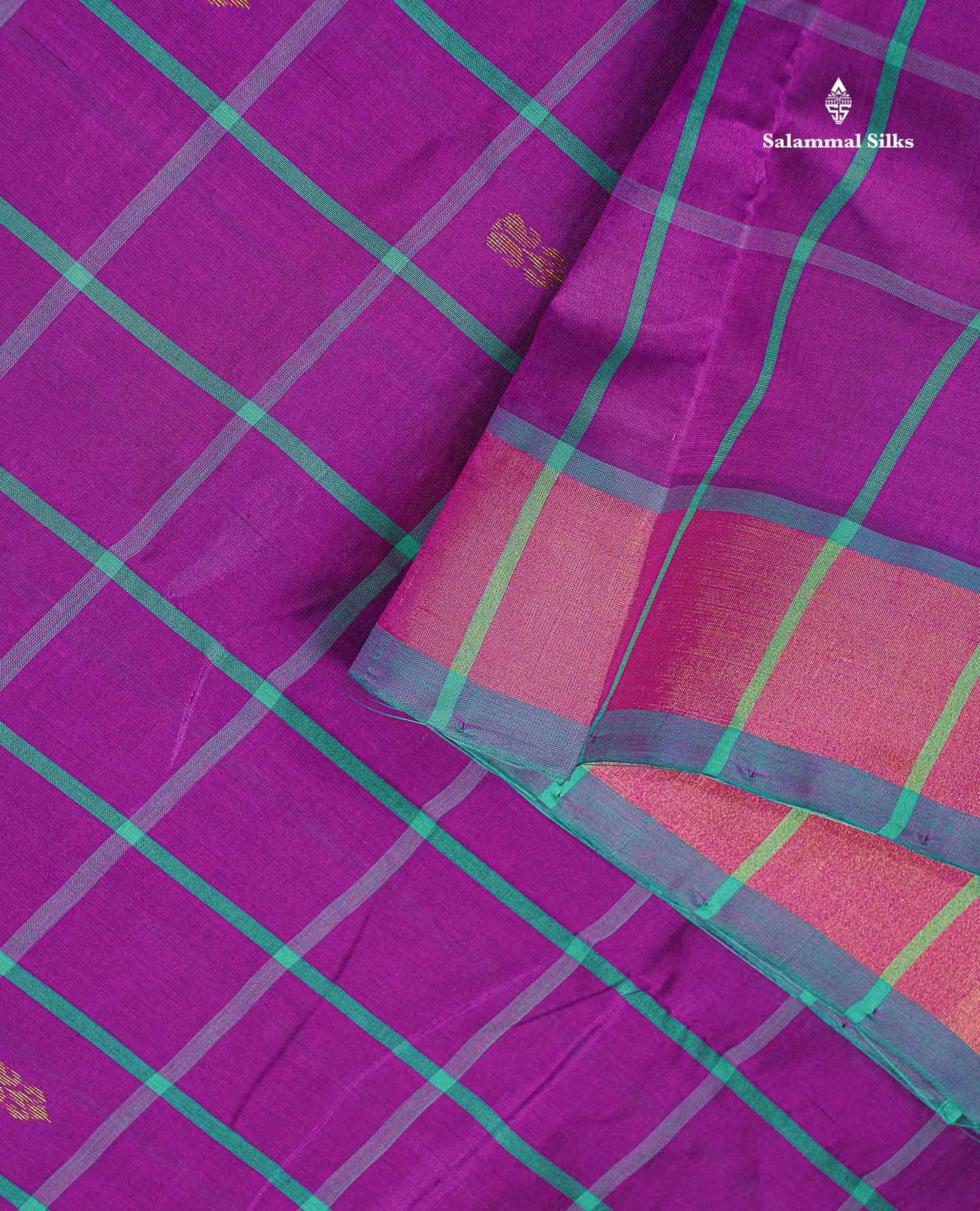 Semi Silk Cotton Saree - Purple Colour Body Checks With Butta & Tissue Border