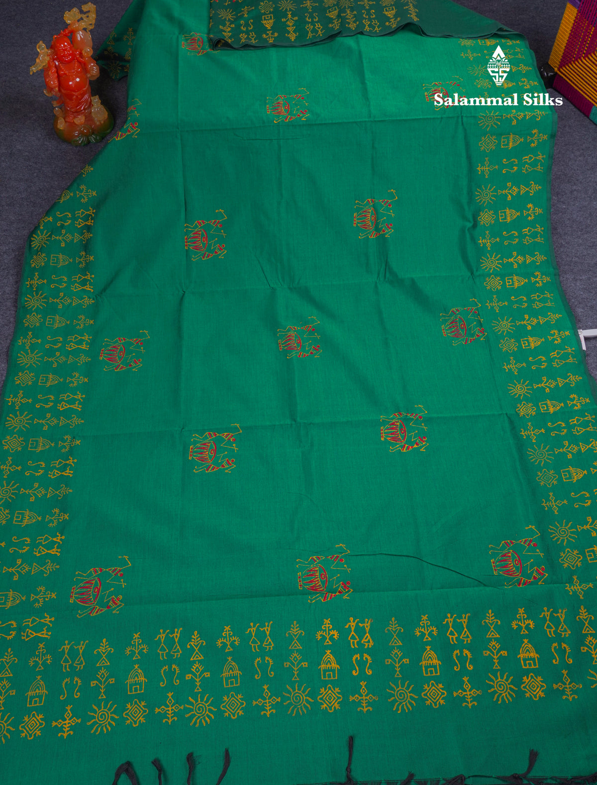 Saffire Green South Cotton Printed Saree With Contrast Mustard Yellow Blouse