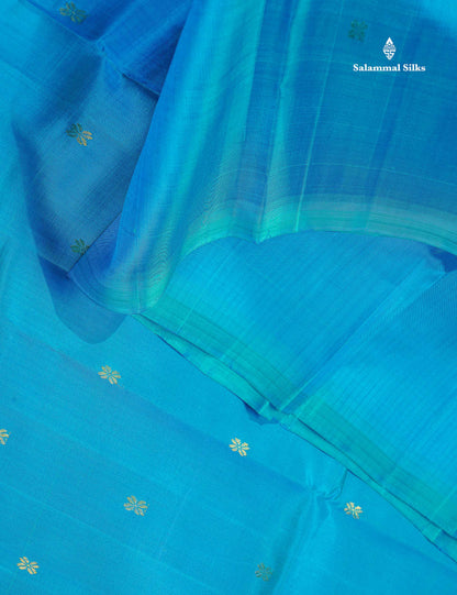 One Side Border Pure Silk Saree - Teal Blue Colour Body Zari Butta With Traditional Border