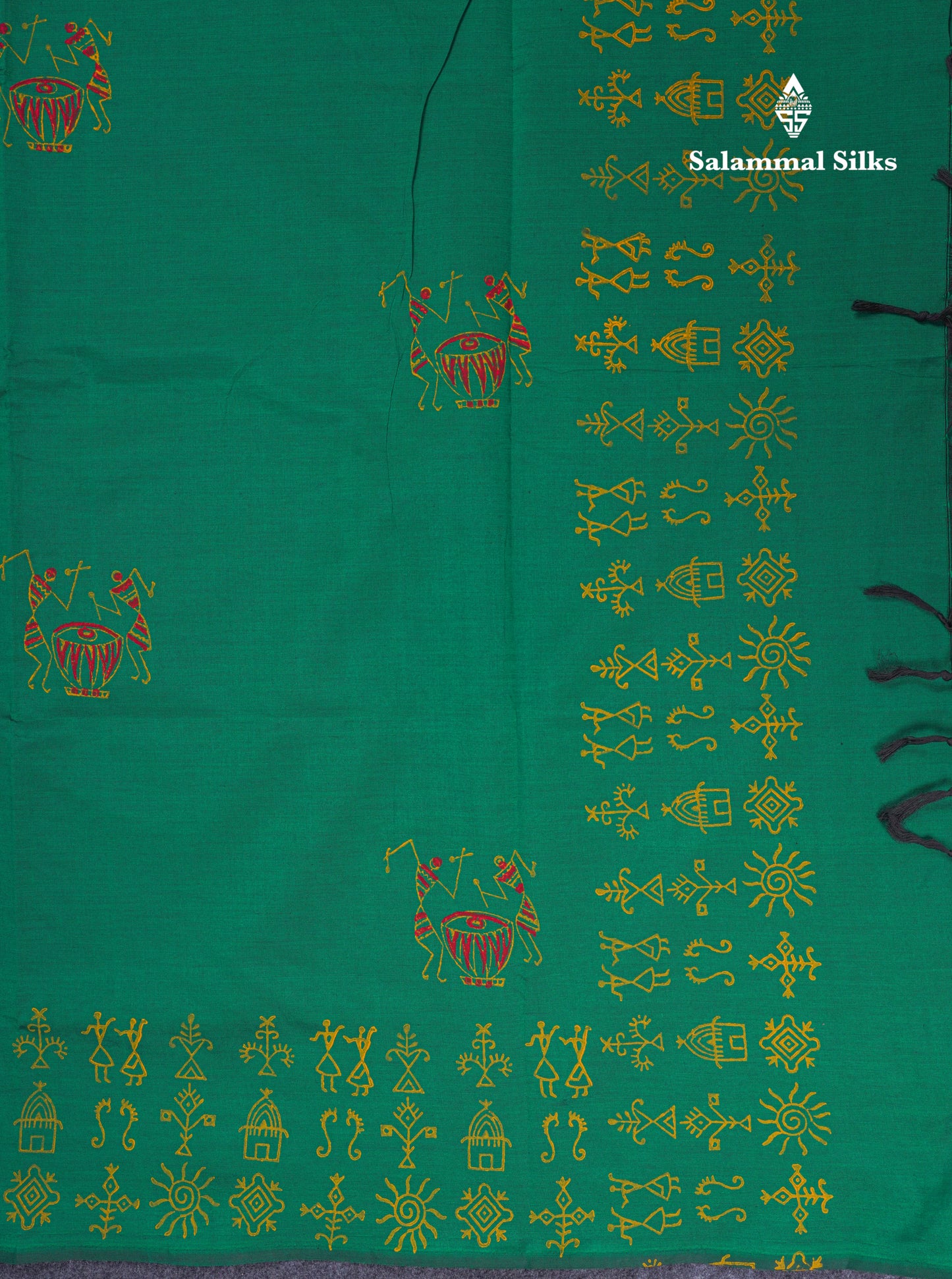 Saffire Green South Cotton Printed Saree With Contrast Mustard Yellow Blouse